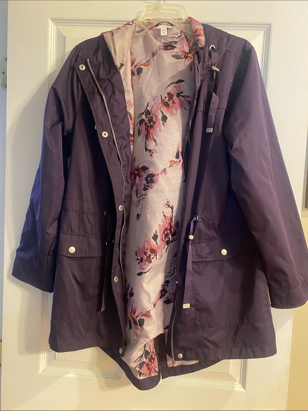 Time and Tru Purple Hooded Trench Coat with Floral Lining